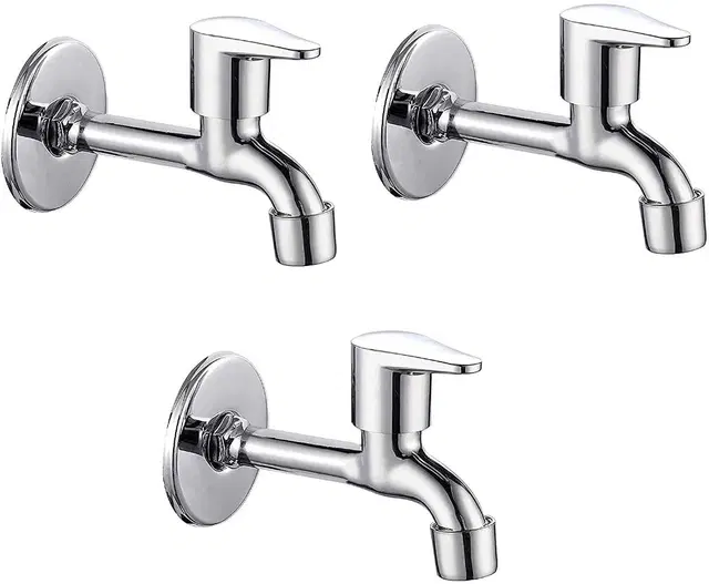 Stainless Steel Long Body Bib Cock Tap with Wall Flange, Silver, Set of 3