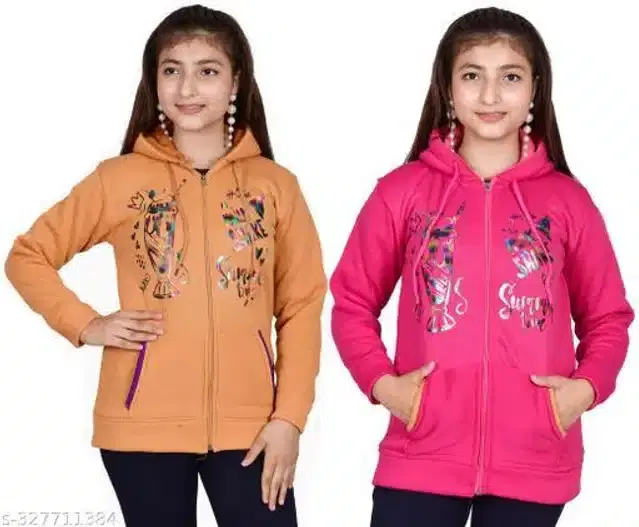 Woolen Full Sleeves Hooded Sweatshirts for Girls, Pack of 2 (Orange & Dark Pink, 10-11 Years)
