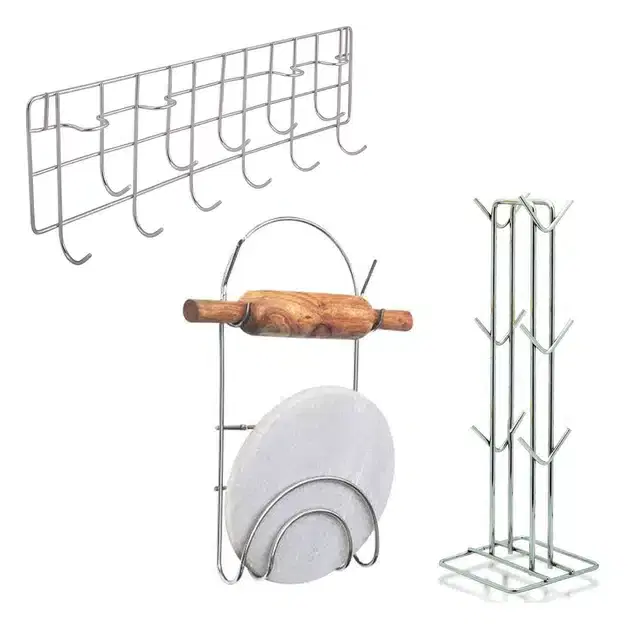 Oc9 Stainless Steel Chakla Belan Stand & Cup Stand & Wall Mounted Ladle Hook Rail For Kitchen, Oc-147
