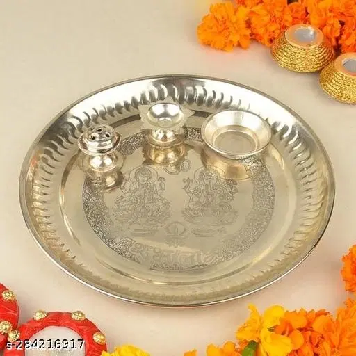 Stainless Steel Pooja Thali Set, Silver, 12 inches, Set of 1