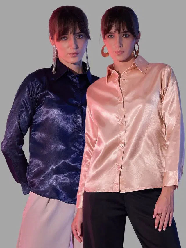 Full Sleeves Solid Shirt for Women, Pack of 2 (Navy Blue & Beige, S)