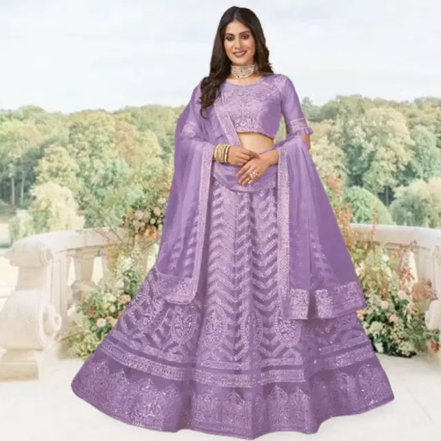 Net Embroidered Semi Stitched Lehenga for Women (Purple)