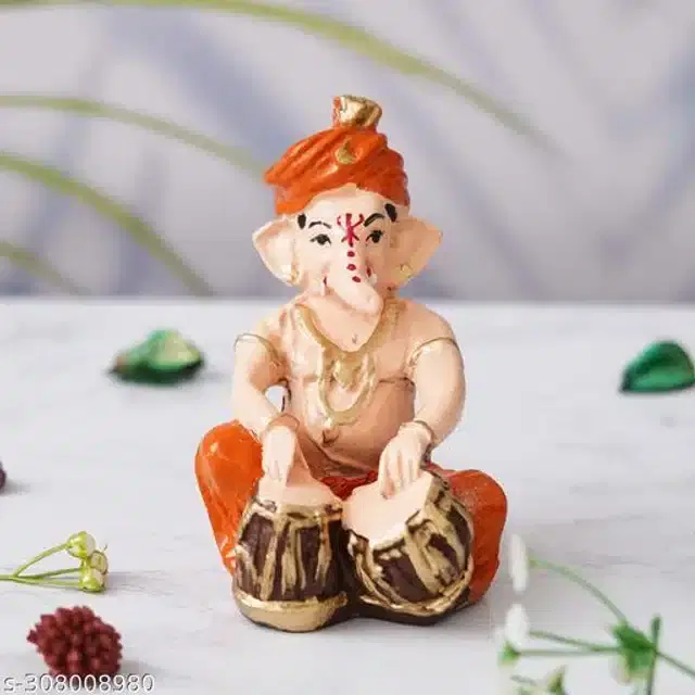 Resin God Ganesha Idol, Orange & Beige