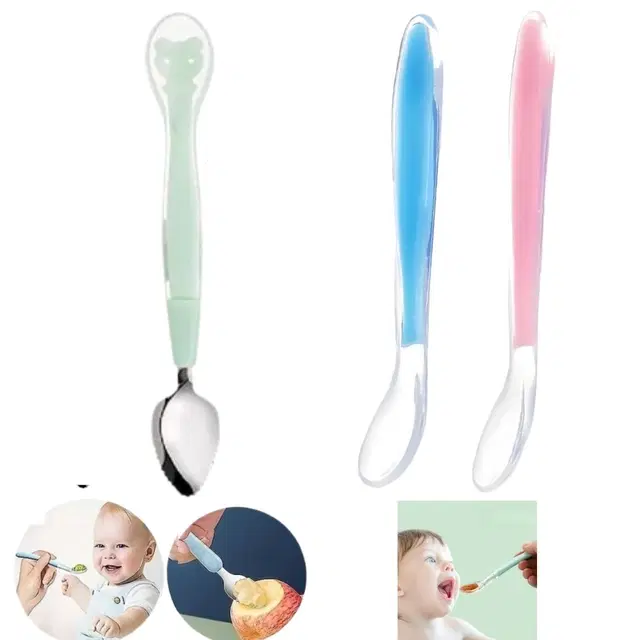 Combo of Silicone Double-Head & 2 Pcs Single-Head Feeding Spoon for Baby, Multicolor, Set of 3