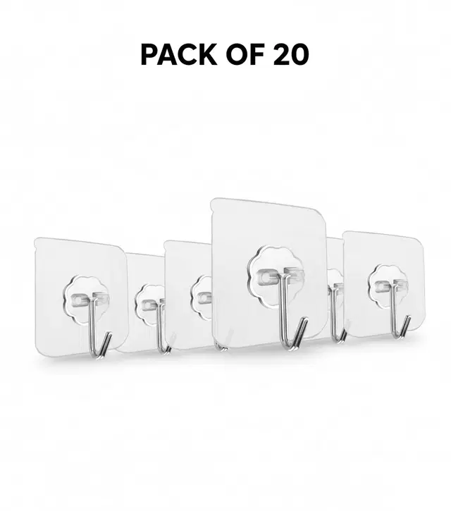 Plastic Wall Hooks, Transparent (Pack of 20)
