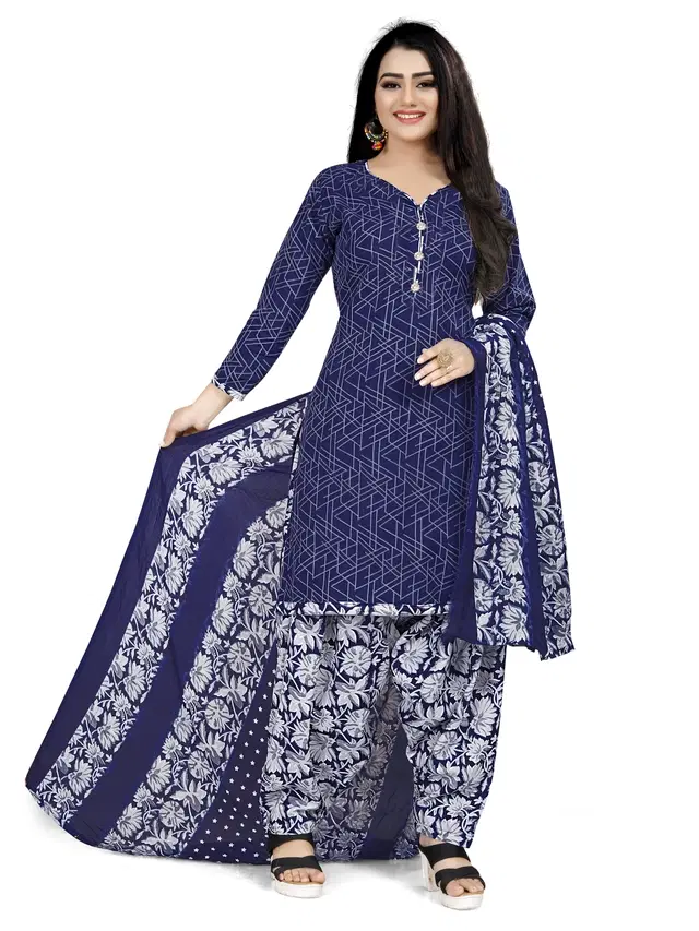 Cotton Blend Printed Unstitched Suit with Dupatta for Women, Blue