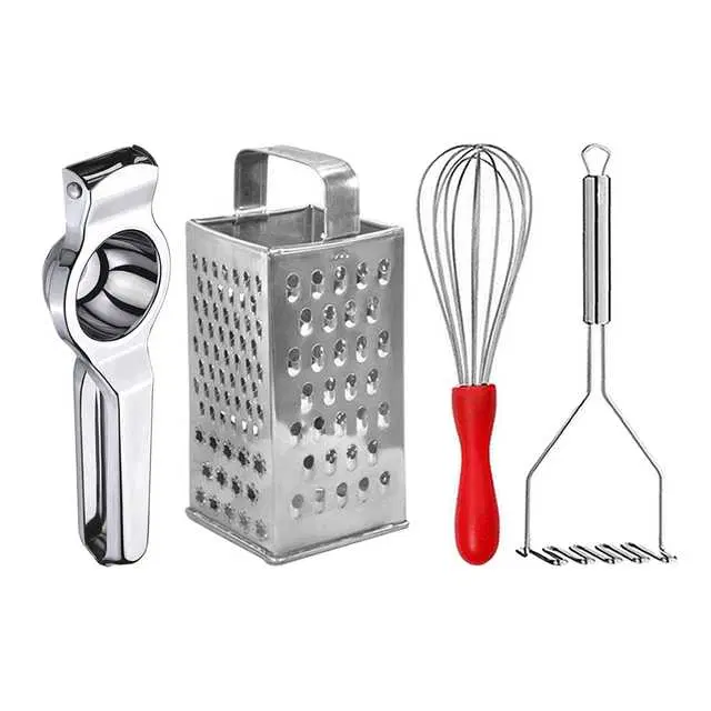Oc9 Stainless Steel Lemon Squeezer & 4 in 1 Grater Or Slicer & Egg Whisk & Potato Masher Kitchen Tool Set, O-133