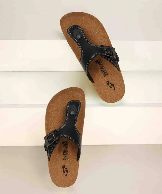 aerowalk Casual Flip Flops for Men (Black, 6)