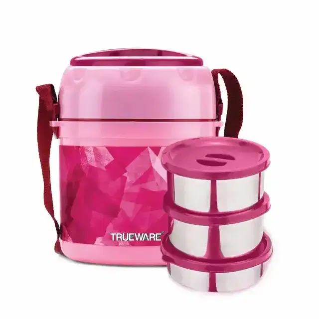 Trueware Office Plus 2 BPA Free Plastic Lunch Box with 3 Stainless Steel Containers 300 ml x 2, 200 ml x 1, Pink