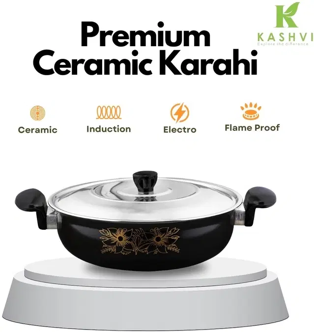 Cast Iron Kadai with Lid, Black & Silver, 28 cm