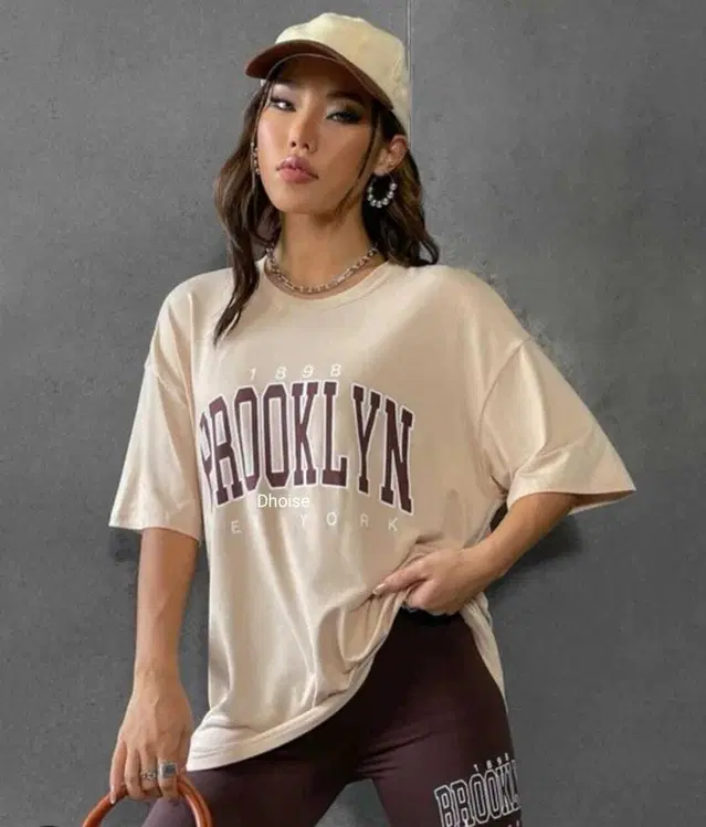 Round Neck Printed T-Shirt for Women, Beige (L)