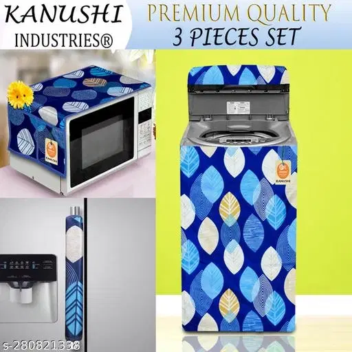 KANUSHI Industries® Microwave / Oven Top Cover With 4 Utility Pockets + 1 Pc Top Load Fully Automatic Washing Machine Cover + 1 Pc FRIDGE HANDLE COVER ( MICRO+W.M-FULLY+1-HANDLE-BLUE-LONG-LEVS)