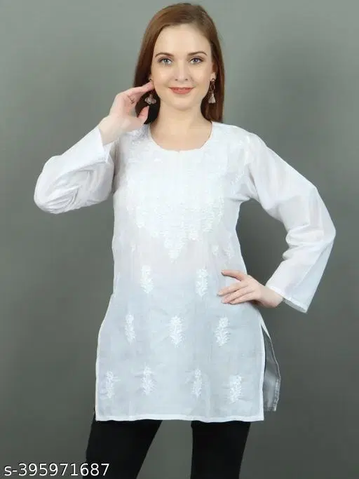 Cotton Chikankari Short Kurti for Women, White (S)