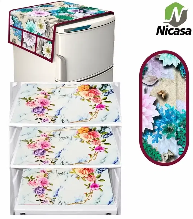 Waterproof Fridge Cover, With 3xFridge Mat And 1 xHandle Cover Pack Of 5 Blue Multi Flower