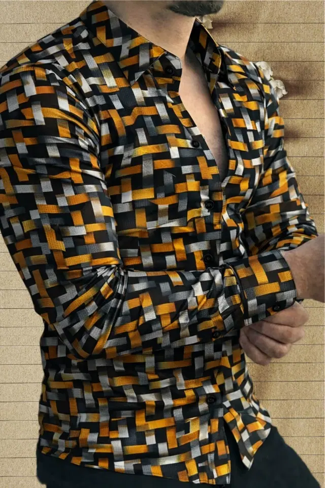 Lycra Geometric Print Shirt for Men, Yellow (M)