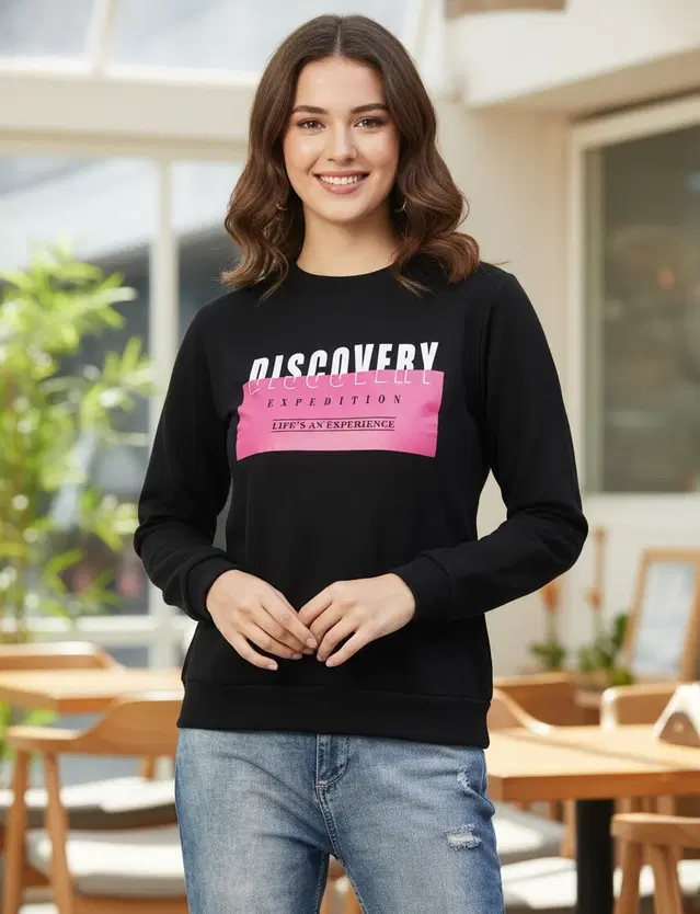 Fleece Printed Hoodie For Women, Black (S)