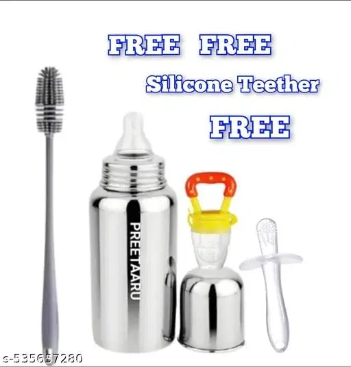 Steel Feeding Bottle 250 Ml, Soft Silicone Fruit Nibbler, Bottle Cleaning Brush,