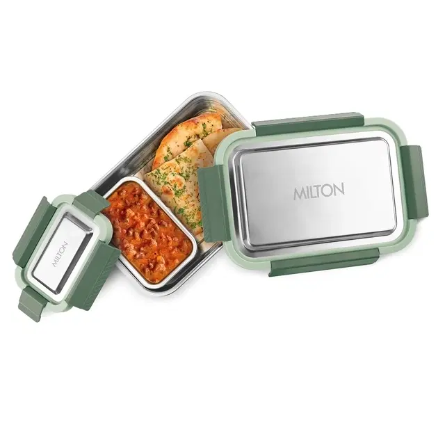 Milton Modern Meal Sr. Stainless Steel Tiffin, Set of 2 (950 ml,150 ml), Green | Food Grade | BPA Free | Refrigerator Safe | Odour Free I Durable and Stylish Lunch Box for Home, Office & Travel
