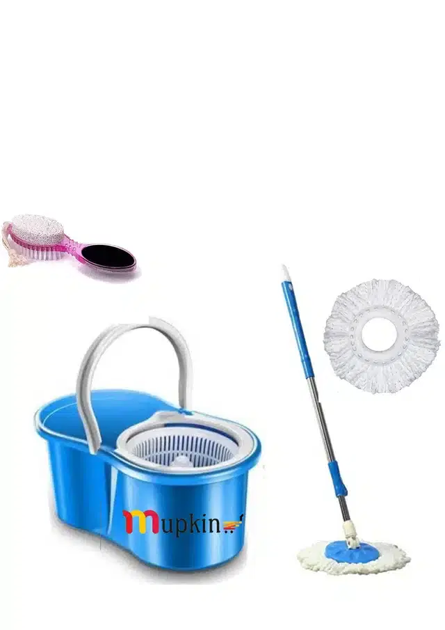 PVC Magic Spin Bucket Mop with 2 Refills & Pedicure Brush Set, Blue, Set of 2