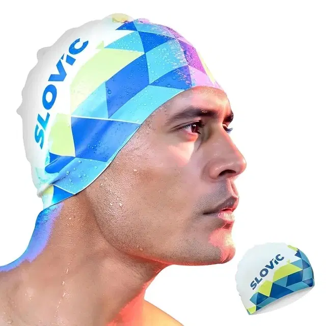 Slovic Adult Patterned Swimming Cap, White And Blue