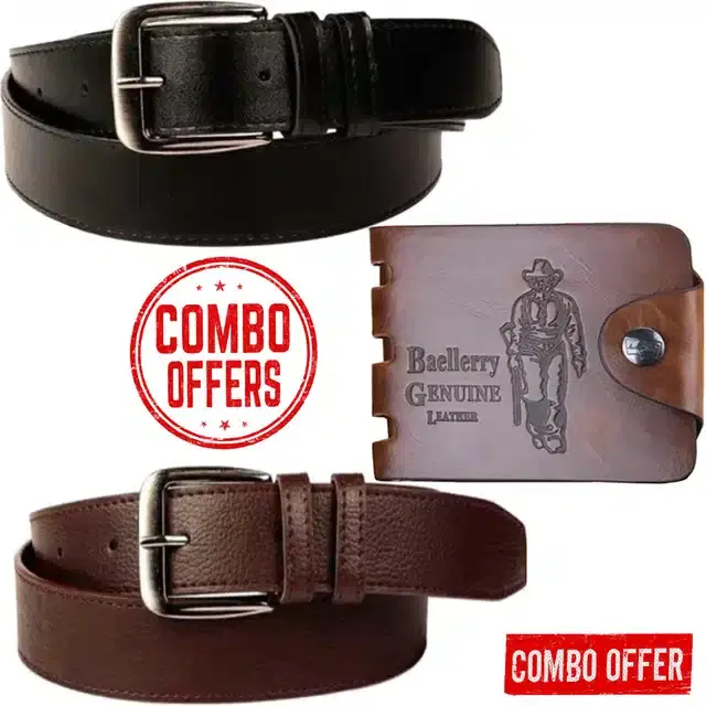 Leather Belt with Wallet for Men, Set of 3 (Brown & Black)