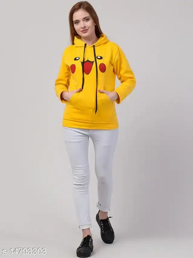 Woolen Printed Full Sleeves Hooded Sweatshirt for Women (Mustard, XS)