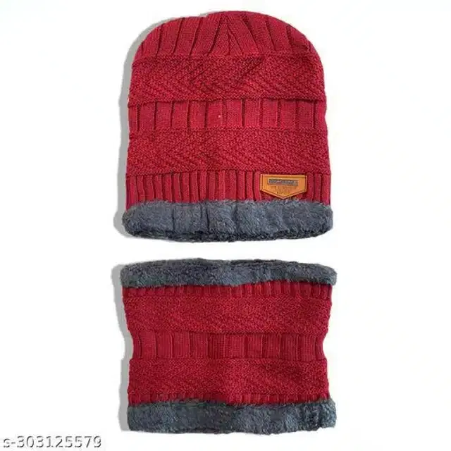 Woolen Beanie Cap with Neck Scarf for Men & Women, Set of 1 (Red & Grey)
