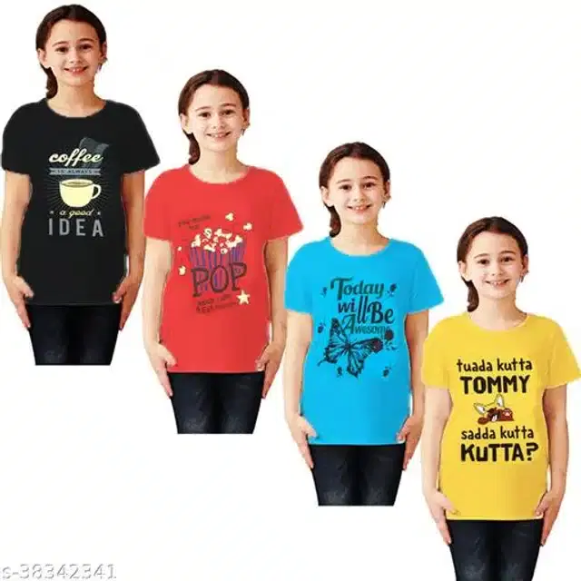 Cotton Half Sleeves T-Shirt for Girls, Pack of 4 (Multicolor, 9-12 Months)