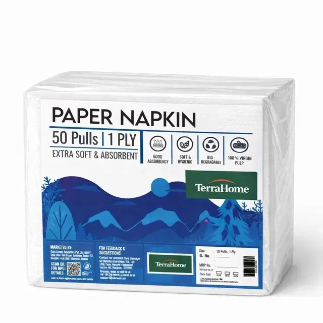 TerraHome Small Tissue Paper Napkins, 1 Ply, 27x30cm [100 Pieces]