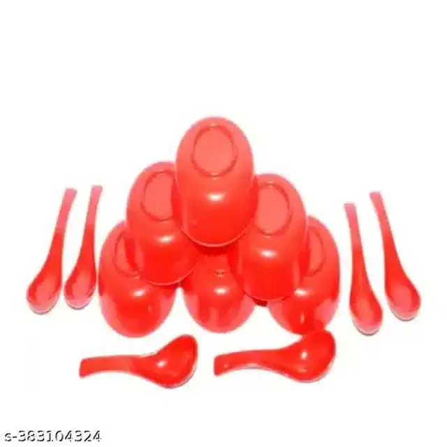 Plastic 6 Pcs Bowls, 250 ml with 6 Pcs Spoons, Red, Set of 2