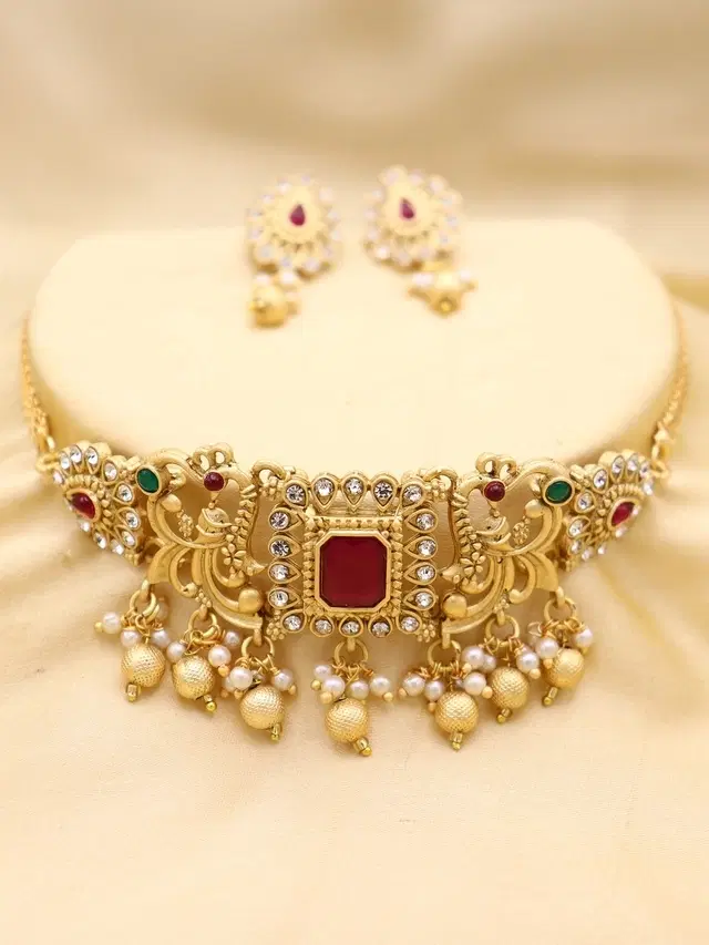 Gold Plated Kundan Choker with Earrings Set, Multicolor, Set of 1