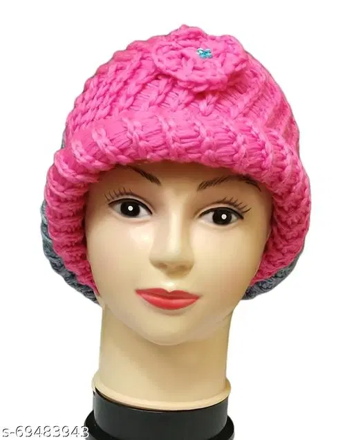 Woolen Cap for Women (Pink, Free Size)