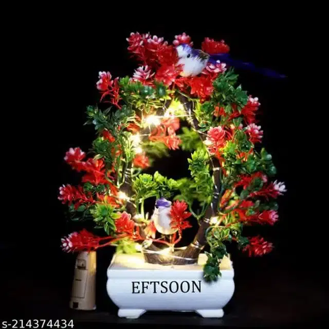 Artificial Bonsai Plant with Sparrow & Light, Red & Green