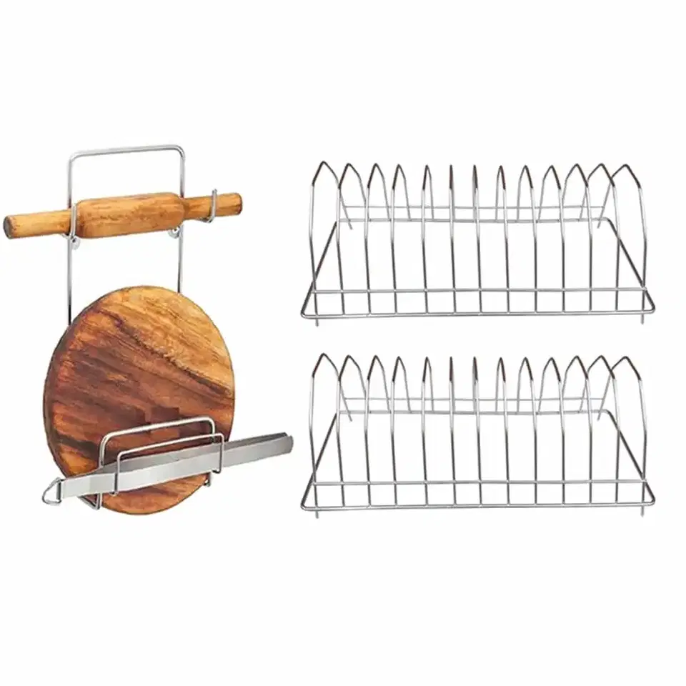 Oc9 Stainless Steel Plate Stand & Chakla Belan Stand For Kitchen, Pack Of 2