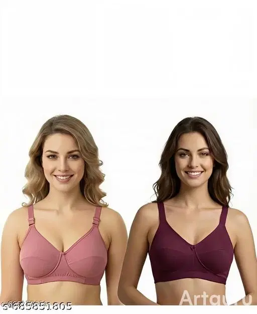 Hosiery Solid Bras for Women, Wine & Pink, Pack of 2 (32A)