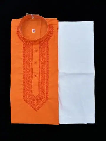 Cotton Embroidered Kurta with Pyjama for Men (Orange & White, L)