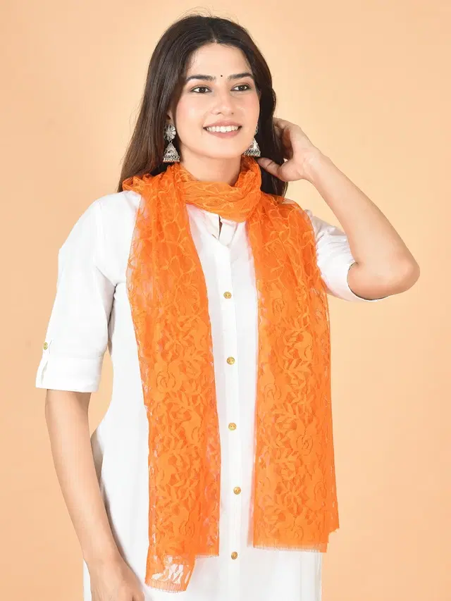 Net Self-Design Dupatta for Women (Orange, 2.2 m)