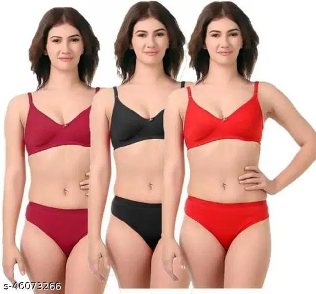 Cotton Blend Solid Lingerie Set for Women, Pack of 3 (Multicolor, 32A)