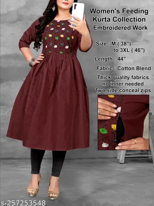 Floral Embroidered Maternity Kurti Set (Maroon, XL)