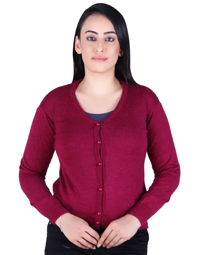V Neck Solid Cardigans for Women (Maroon, M)
