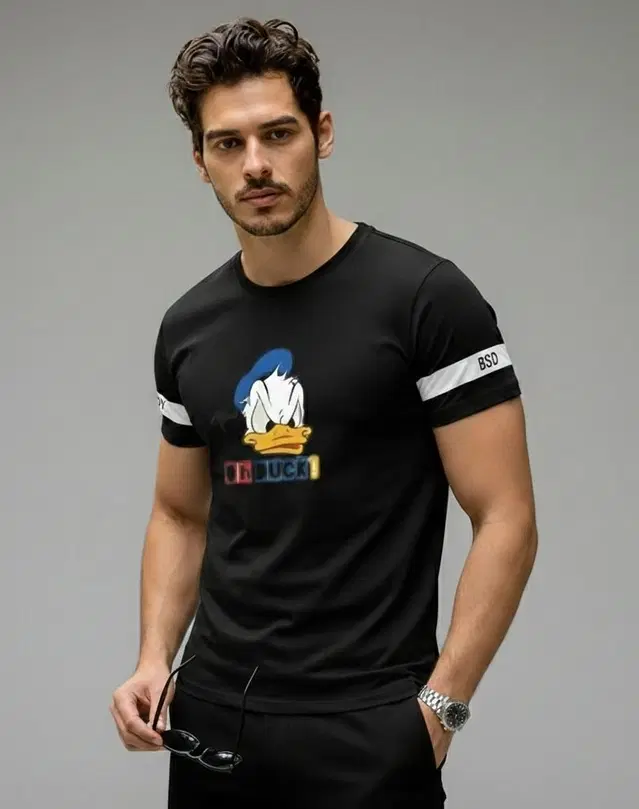 Polyester Printed T-shirt for Men, Black (XL)