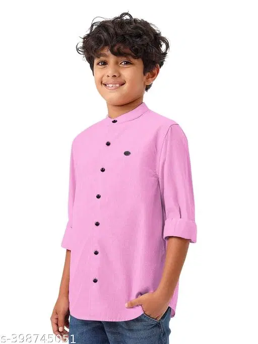 Solid Cotton Blend Mandarin Neck Shirt for Boys (Pink, 10-11 Years)