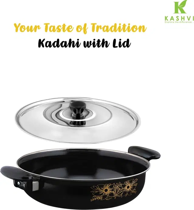 Cast Iron Kadai with Lid, Black & Silver, 28 cm