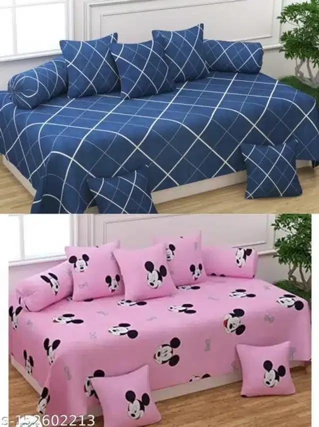 Polycotton Diwan Cover Set, Blue & Pink, Combo of 2