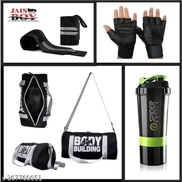 Combo of Gym Bag with Shaker Bottle, 400 ml, Gloves & Wrist Support Bands, Multicolor, Set of 4