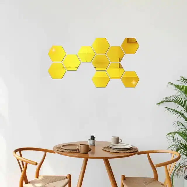Acrylic Hexagon Shaped Wall Mirror Stickers, Gold, Pack of 11