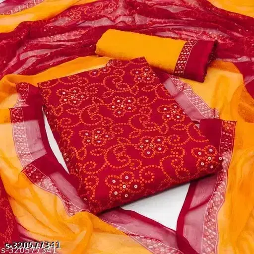 Floral Print Cotton Blend Unstitched Suit Fabric for Women, Red & Yellow