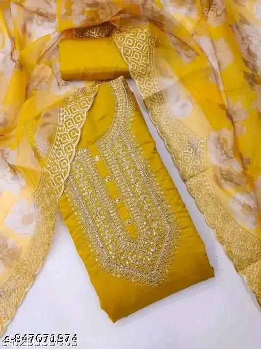 Silk Embroidered Floral Unstitched Suits for Women (Yellow, Un Stitched)