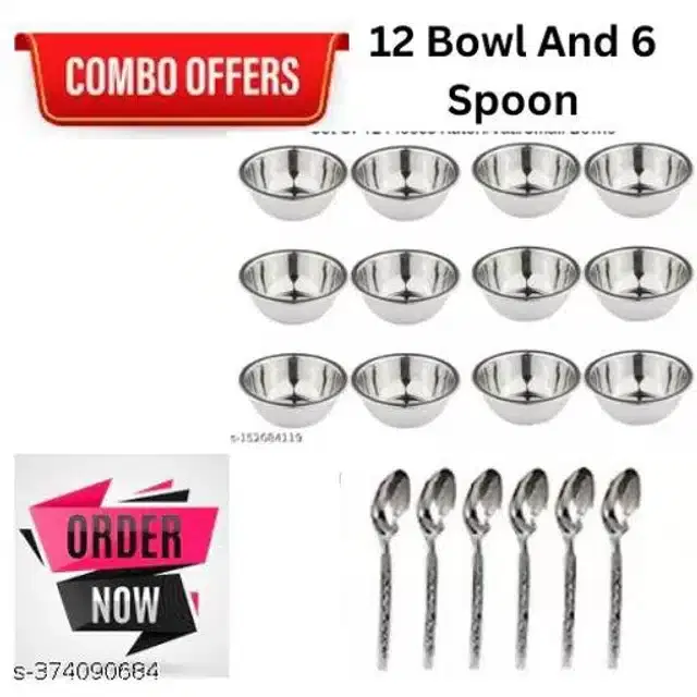 Stainless Steel 12 Pcs Bowls with 6 Pcs Spoon, Silver, Set of 2