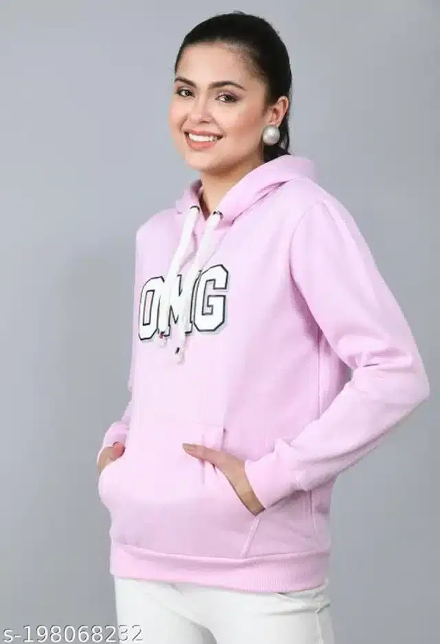 Polyester Printed Full Sleeves Hooded Sweatshirt for Women (Pink, S)